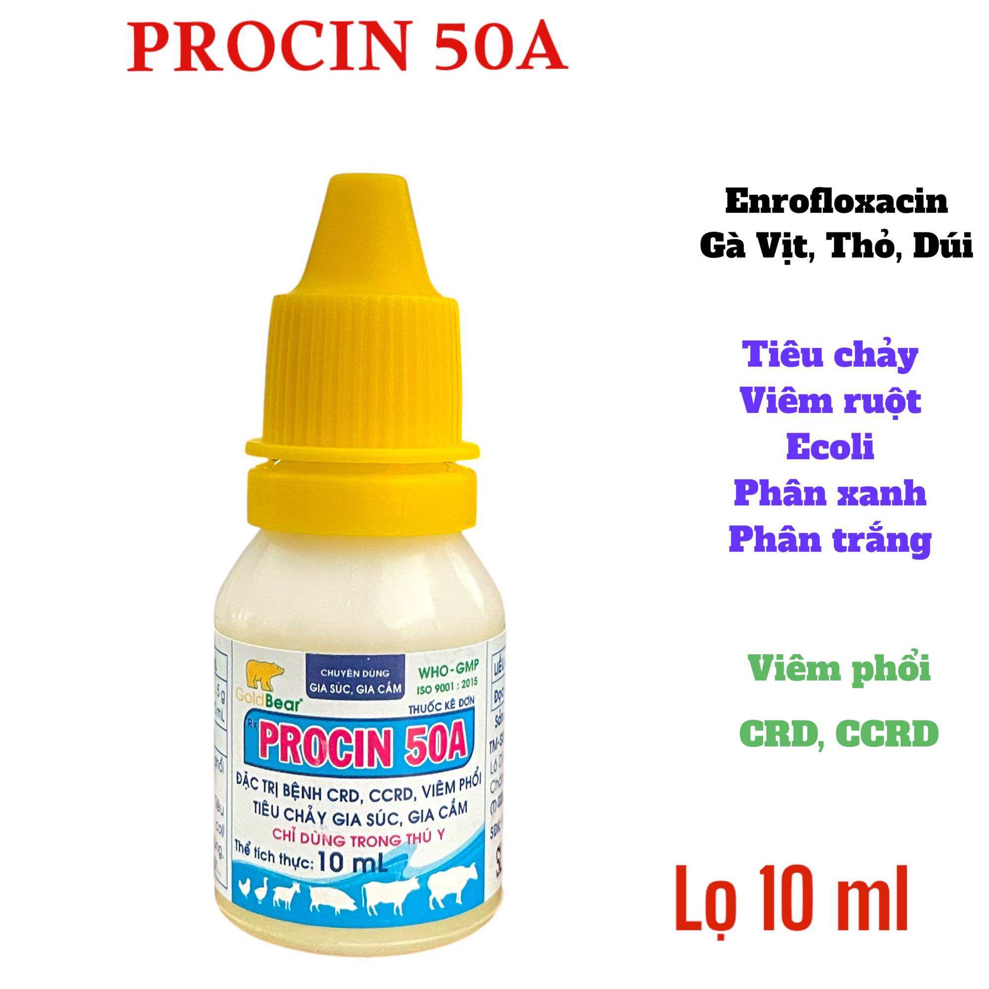 PROCIN 50A lọ 10ml uống cho gà tiêu chảy CRD CCRD viêm phổi hen khẹc khò khè viêm ruột.