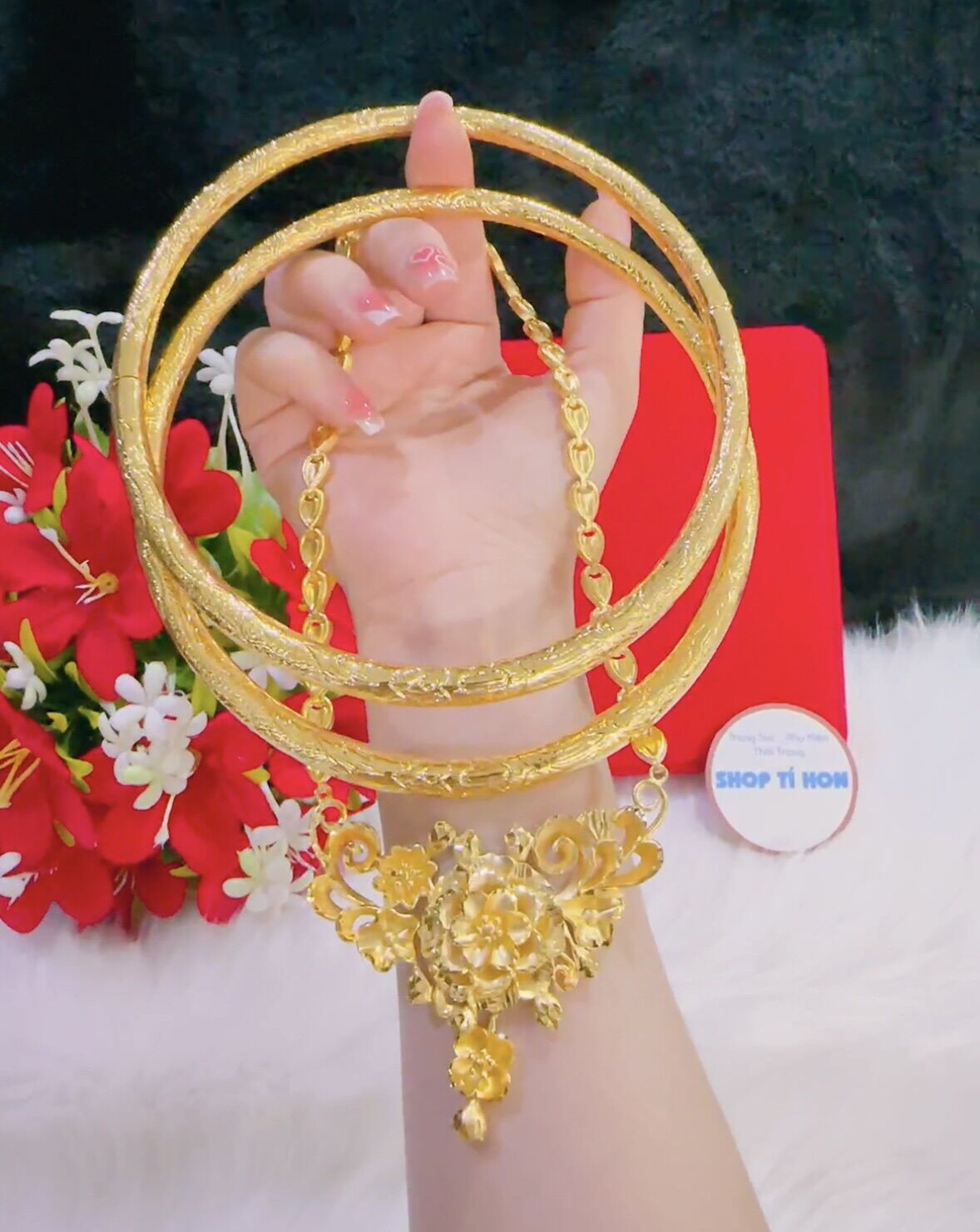 Set bộ vàng cưới cô dâu mạ vàng 24k cao cấp ( gồm 2 kiềng 1 dây )