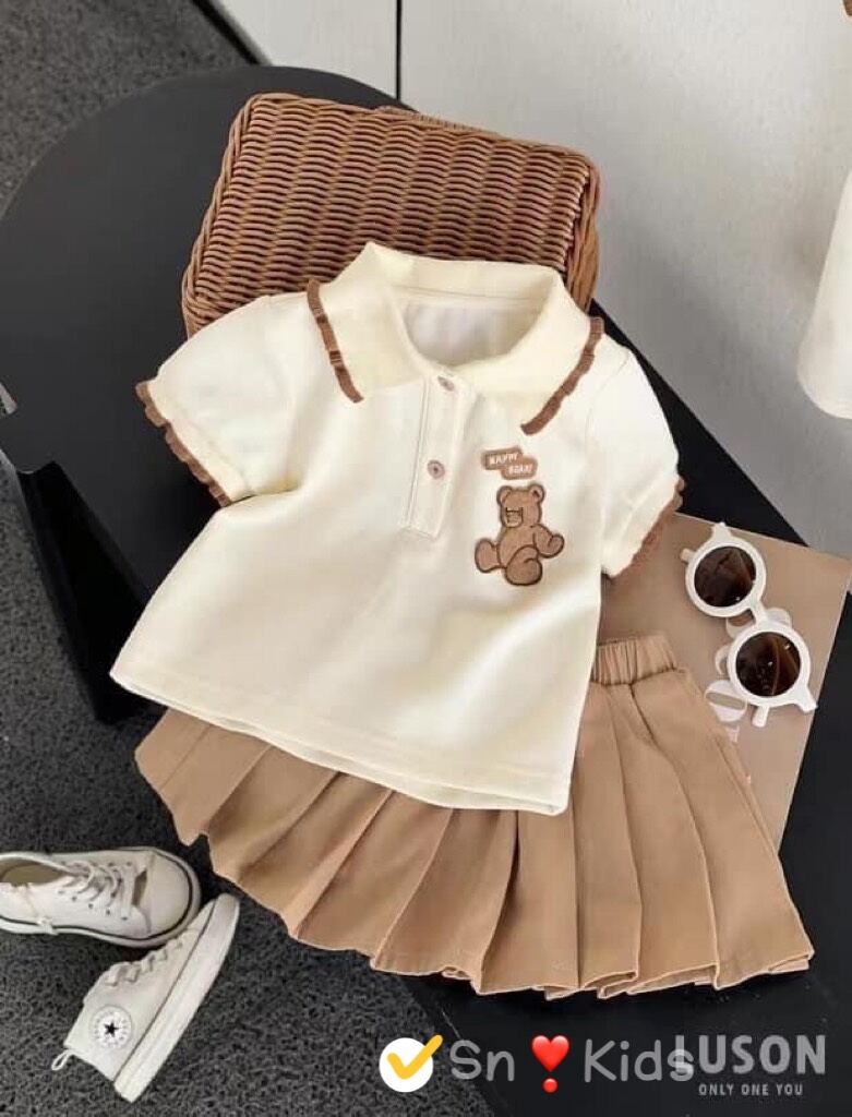 Sét áo polo phối váy xếp li cho bé gái 8-30kg