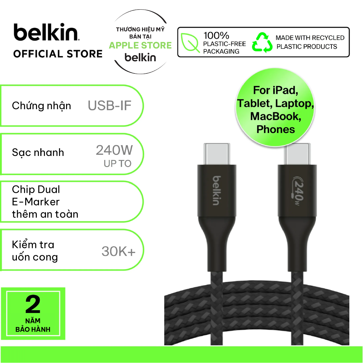 Cáp sạc nhanh belkin usb c - c vỏ dù, công suất 240w, usb-c pd3.1, 2 mét