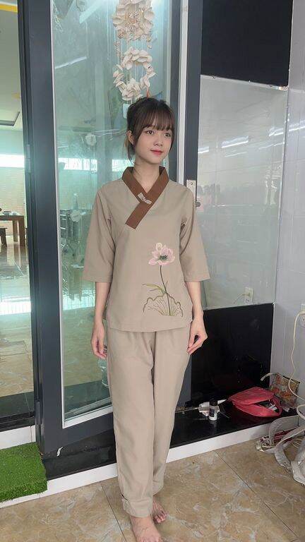 Đồ lam đi chùa mẫu nữ thêu sen 1 nút vải loại 1