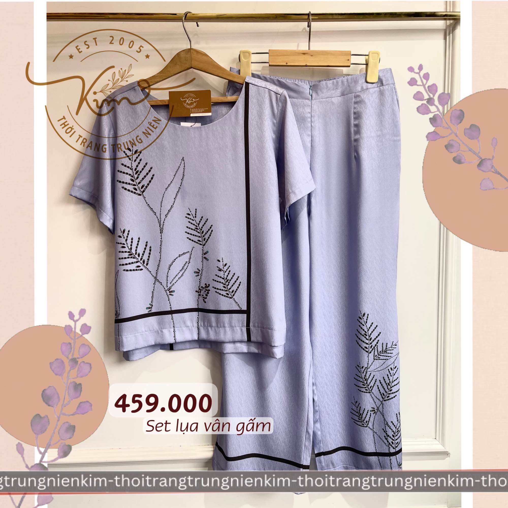 Sét bộ lụa vân gấm trung niên cao cấp họa tiết đơn giản sang trọng Bigsize quần dài 90cm