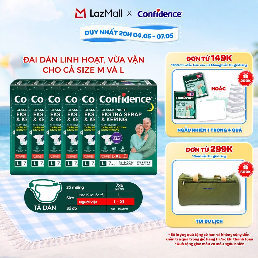 Combo 6 Tã dán ngưới lớn Confidence Thấm Hút Vượt Trội  Khô Thoáng M-L 8M/L-XL 7M