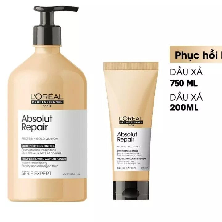 Dầu xả phục hồi hư tổn l'o.re.al serie expert gold quinoa + protein absolut repair conditioner của spain chai 200ml và 750ml- hàng công ty đủ tem