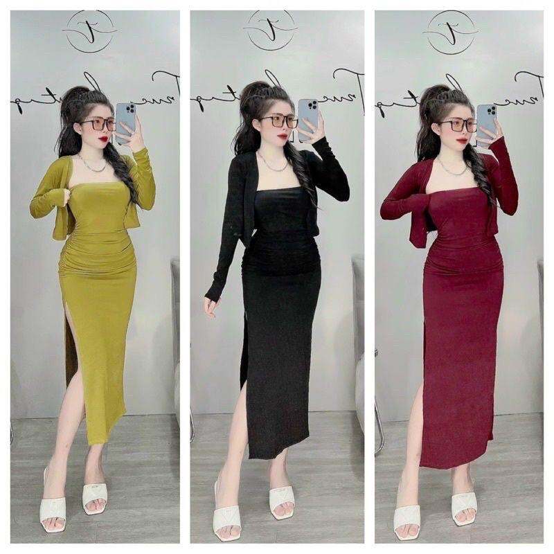 SÉT ĐẦM BODY XẺ KÈM ÁO KHOÁC GÂN XINH DBD77