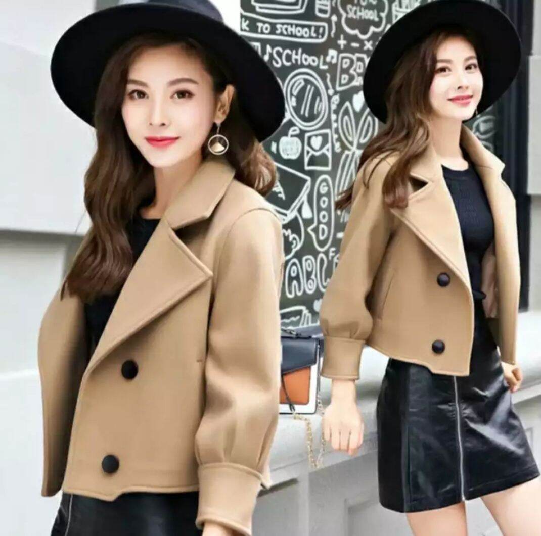 Áo khoác dạ lửng croptop 2 hàng cúc