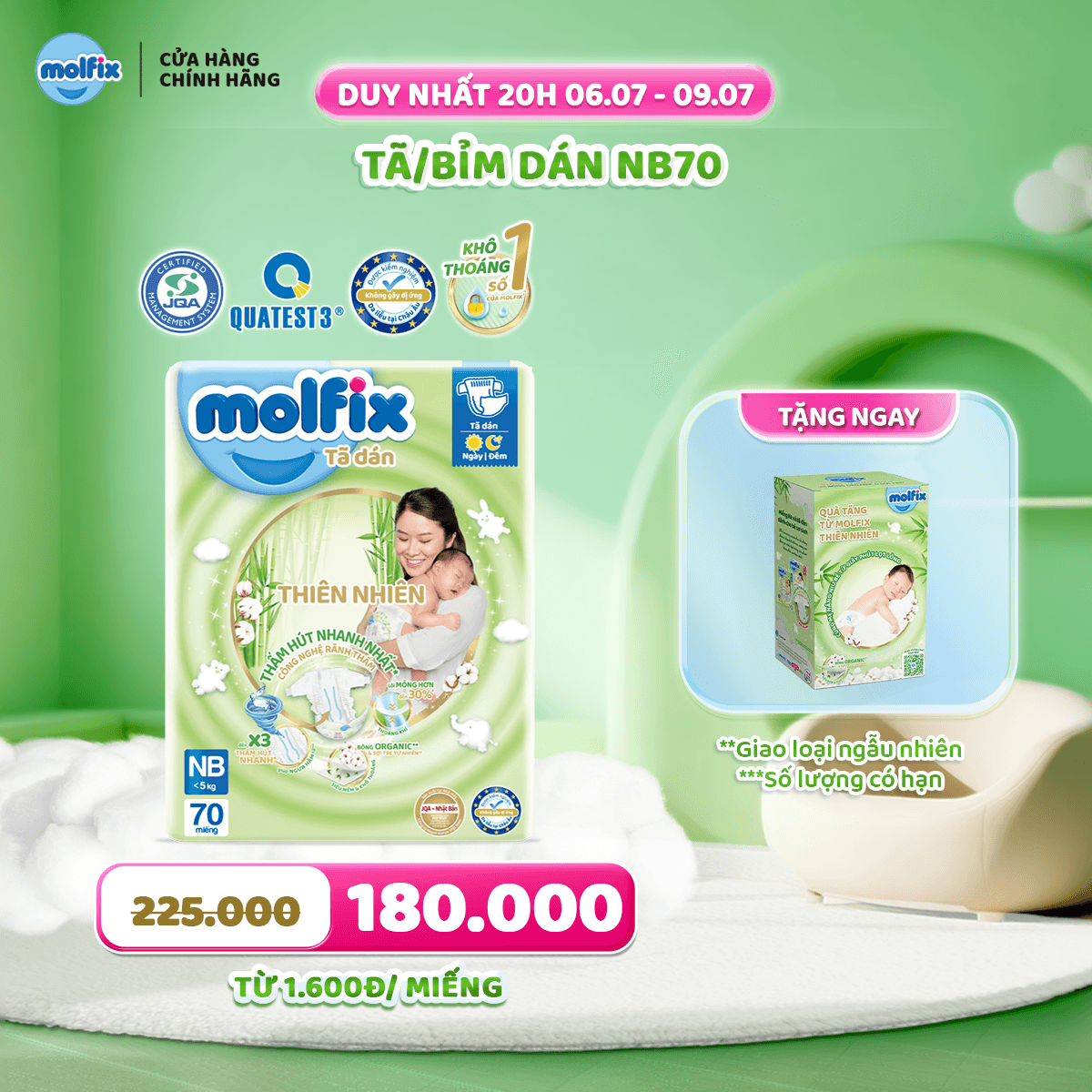 [Tặng 1 hộp quà sơ sinh] Tã/bỉm dán sơ sinh Molfix Thiên nhiên Jumbo Newborn (dưới 5kg) - Gói 70 miế