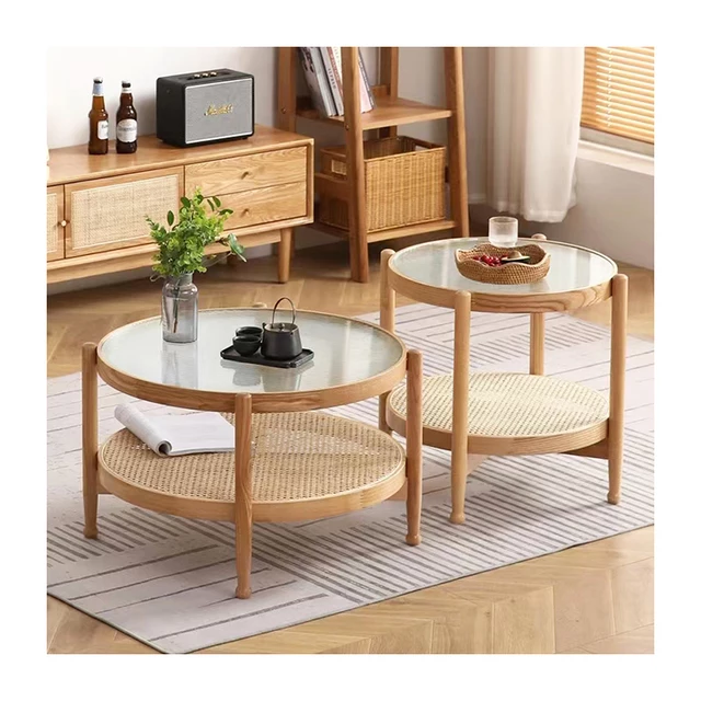 bàn trà tròn mặt kính phối mây