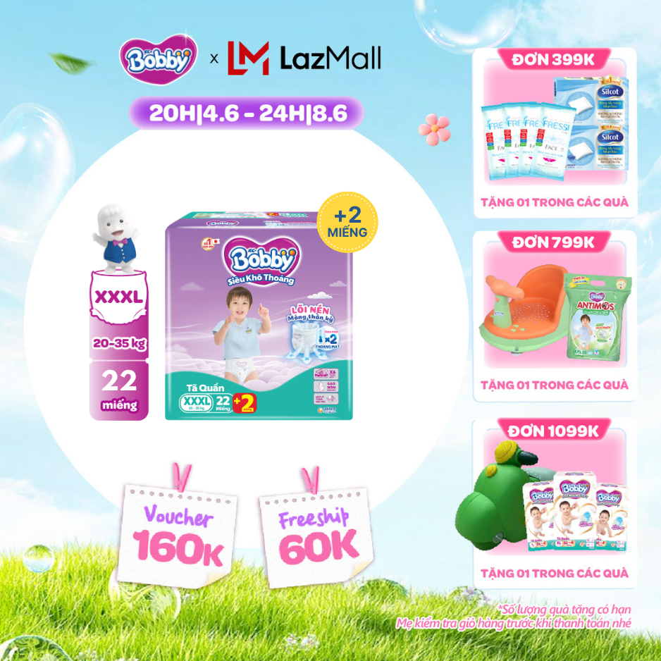 [QUÀ TẶNG HẤP DẪN TỪ 9-10.6][Số miếng tặng thay đổi tùy đợt nhập hàng] Tã/bỉm quần Bobby 3mm Jumbo Siêu khô thoáng XXXL22