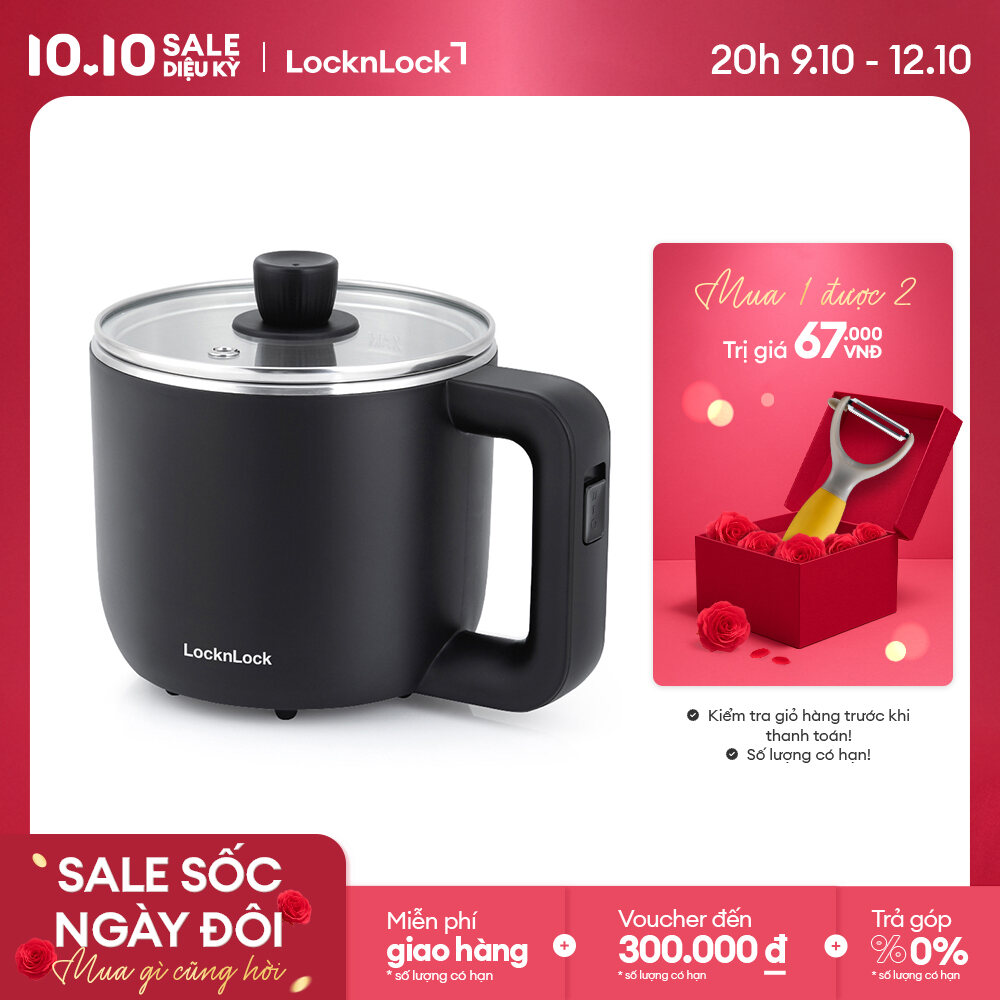 EJP116BLK - Nồi điện mini đa năng Lock&Lock 0.8L / 600W - Lòng nồi inox, kèm nắp Ca nấu mì, kèm khay luộc trứng- Hàng chính hãng - Bảo hành