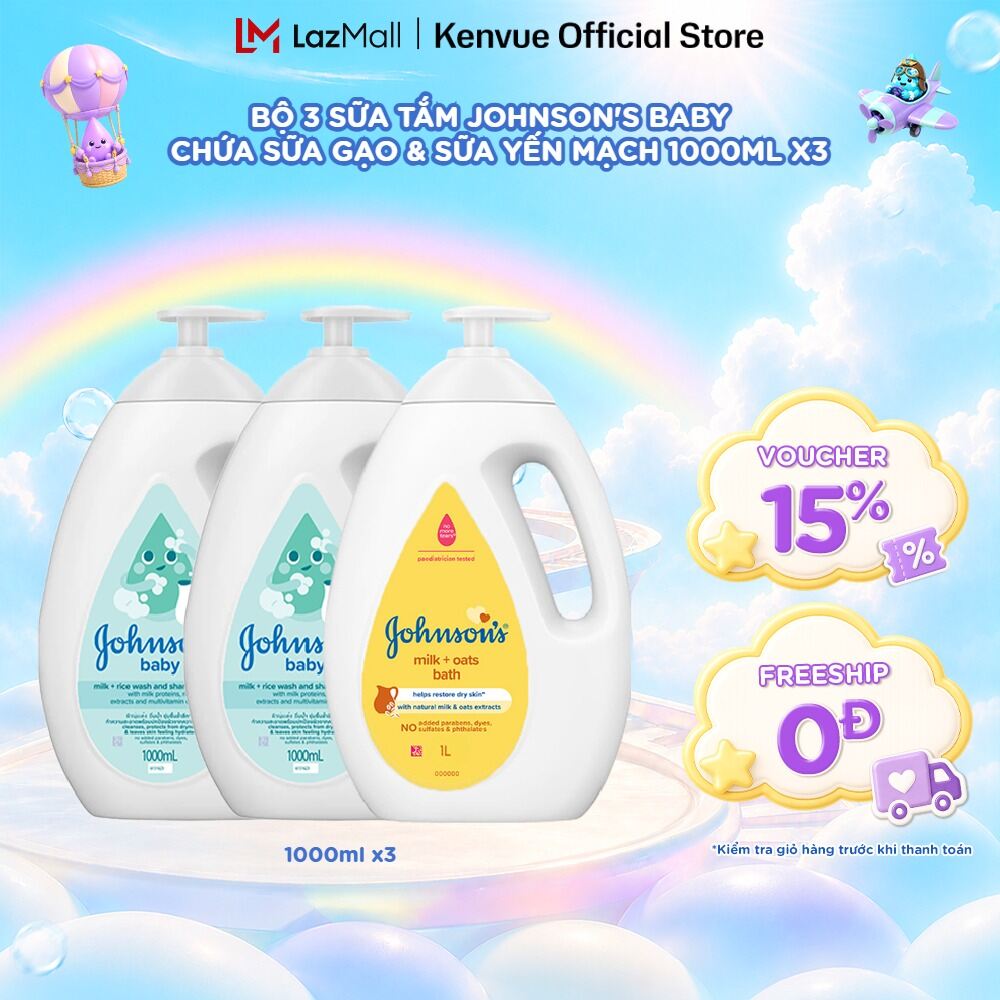 Combo 3 Sữa tắm Johnsons Baby Chứa Sữa Gạo & Yến Mạch - Dung tích 1000ml/chai