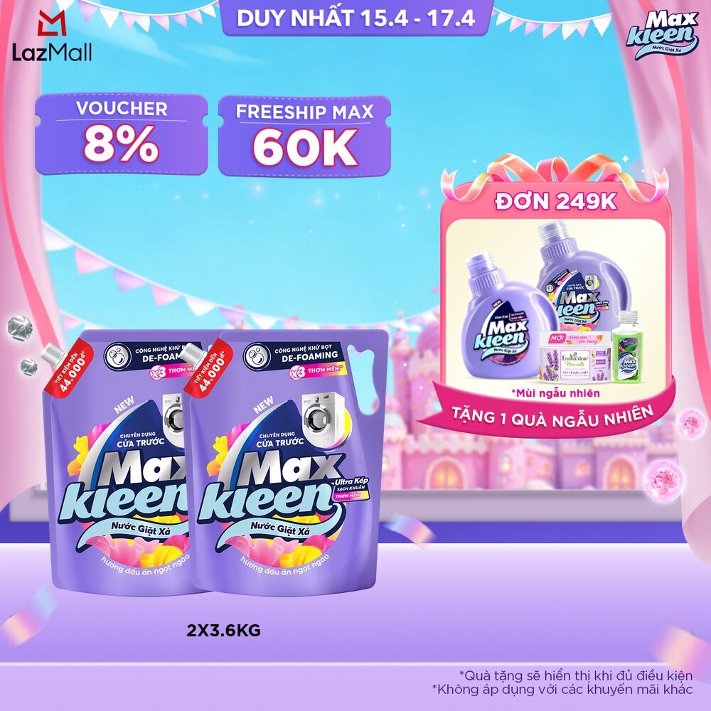 Combo 2 Nước giặt cho máy giặt cửa trước MaxKleen hương Dấu Ấn Ngọt Ngào 3.6kg