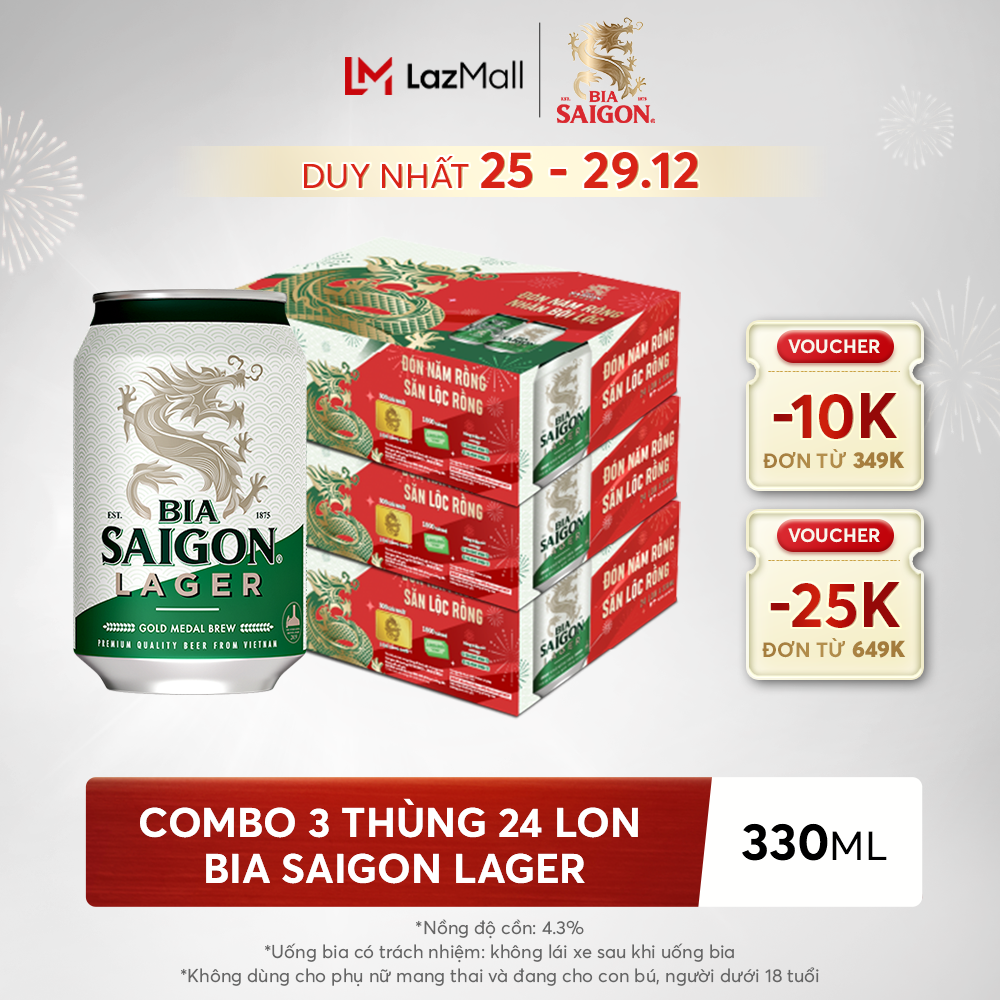 Combo 3 Thùng Bia Saigon Lager 330ml x 24 lon