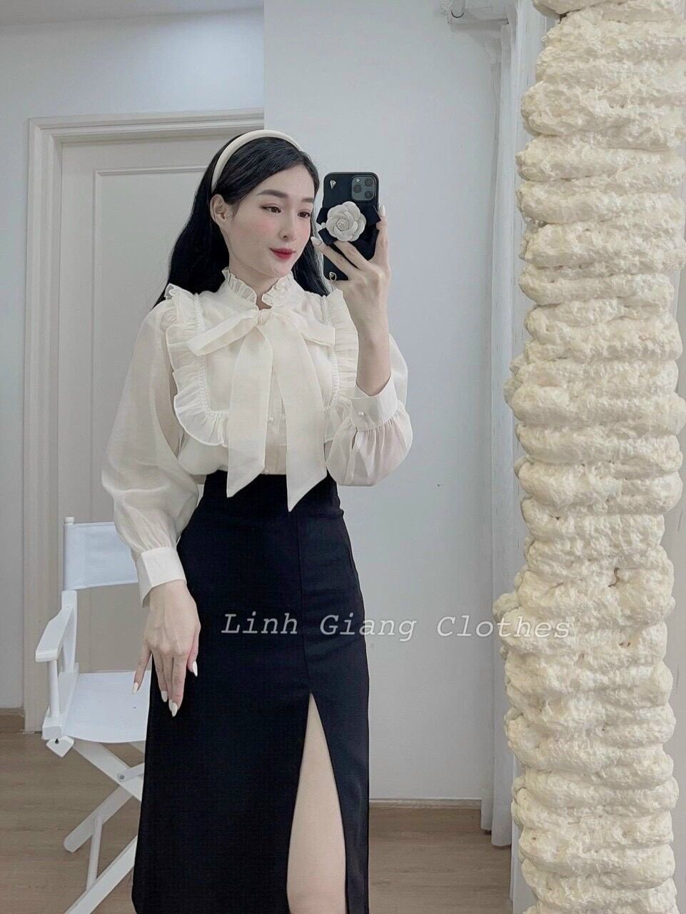 Áo sơ mi nữ cổ bèo cột nơ