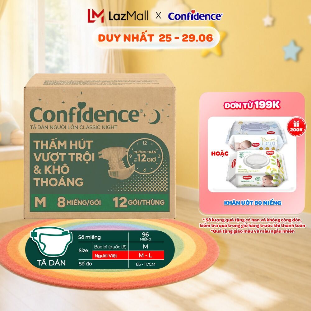 [SIÊU TIẾT KIỆM - MUA 1 TẶNG 3] Thùng 12 Gói Tã dán người lớn Confidence Thấm Hút Vượt Trội  Khô Thoáng M-L 8M/L-XL 7M