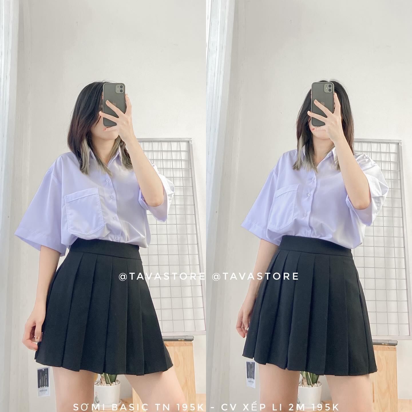 Váy tennis đen + sơ mi tay lỡ 1 túi