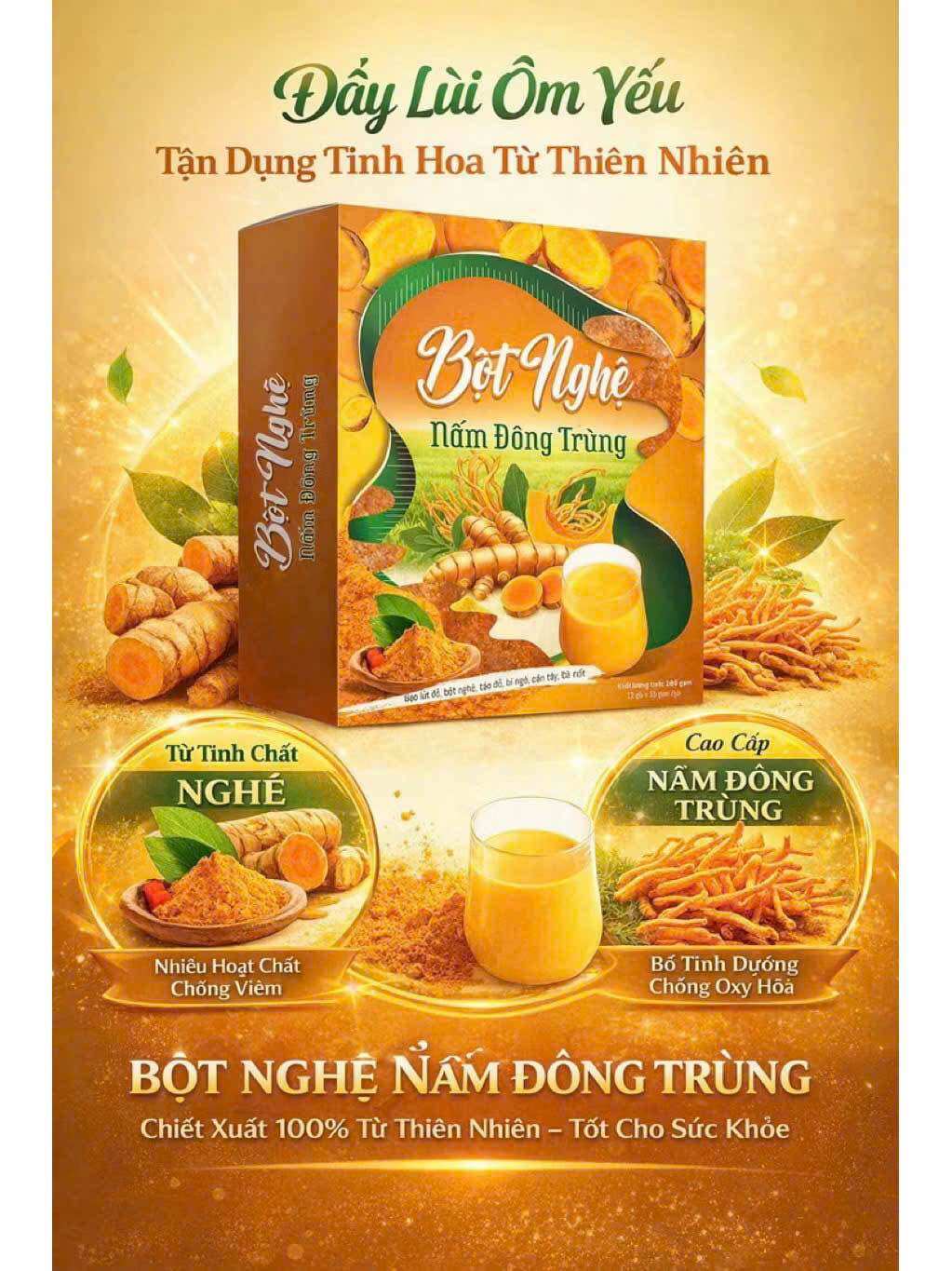Tinh bột nghệ gạo lứt nấm đông trùng bột uống tốt cho sức khoẻ và vóc dáng (Hộp 12 gói)