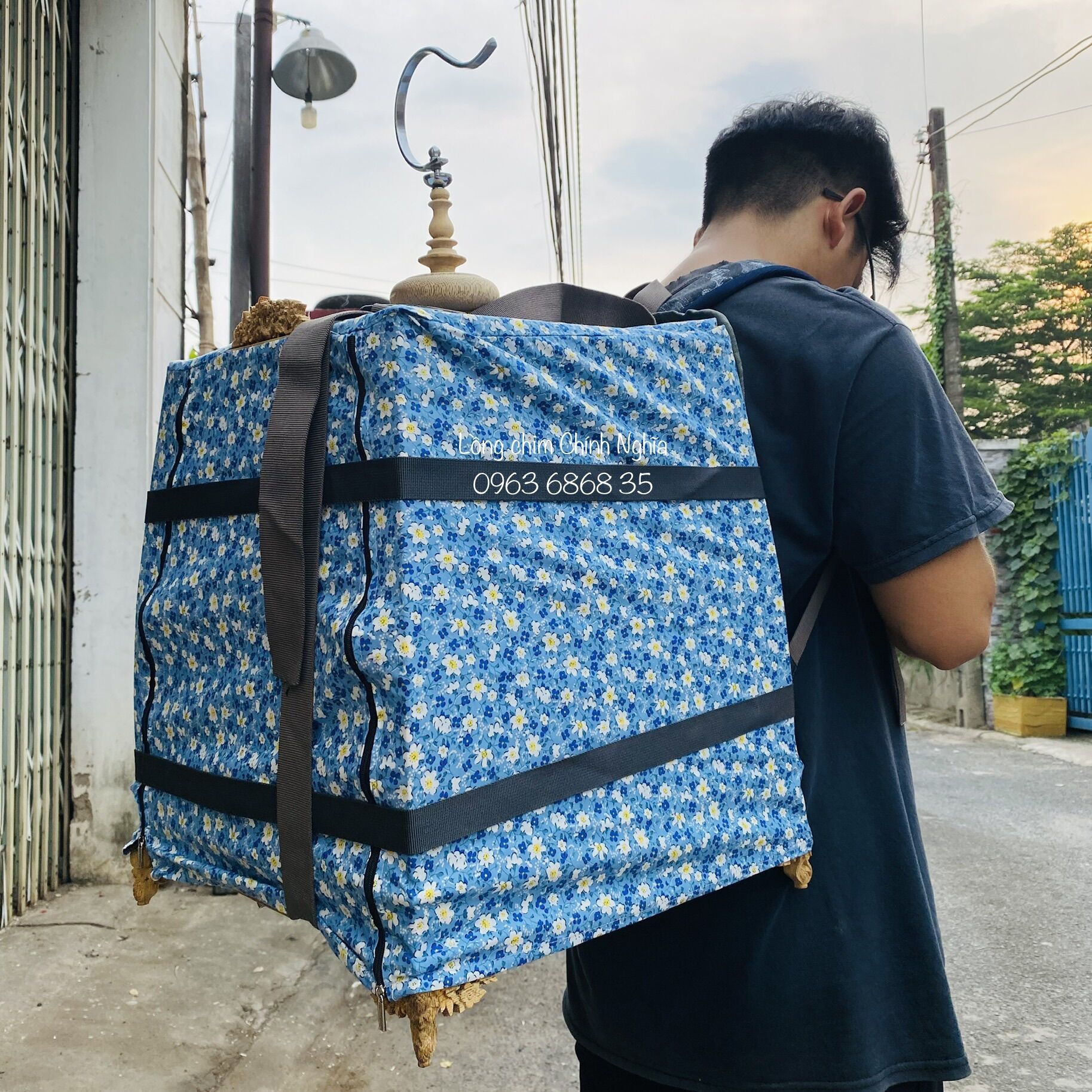 Balô đeo lồng chim 2 lớp vải dày dặn, có ngăn đựng đồ - phụ kiện lồng chim cao cấp