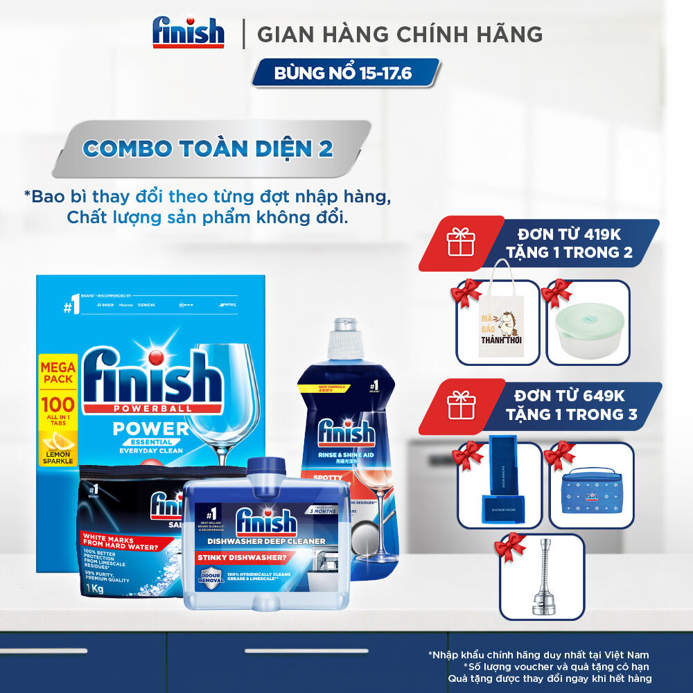 Combo Finish toàn diện 2: Hộp 100 Viên Rửa Bát Essential + Nước Làm Bóng Finish 500ml + Muối Rửa Chén Finish Salt túi 1kg + Dung dịch vệ sinh máy