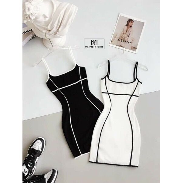 Đầm dây ôm body bún phối viền