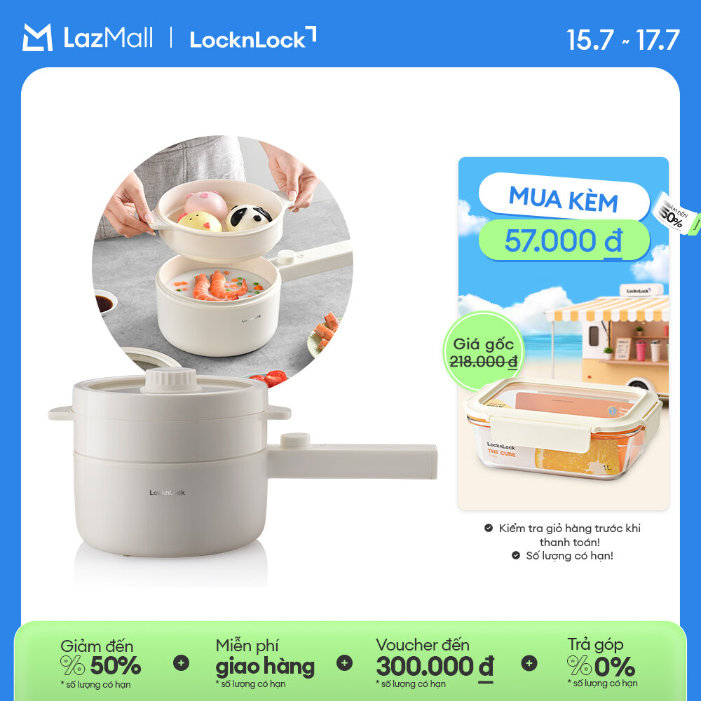 EJP436IVY- Nồi điện đa năng LockLock Electric multi pot 1.5L, màu ngà- Tay cầm dài, Chống dính, Hấp Nấu lẩu, Làm ca nấu mì Hàng chính hãng