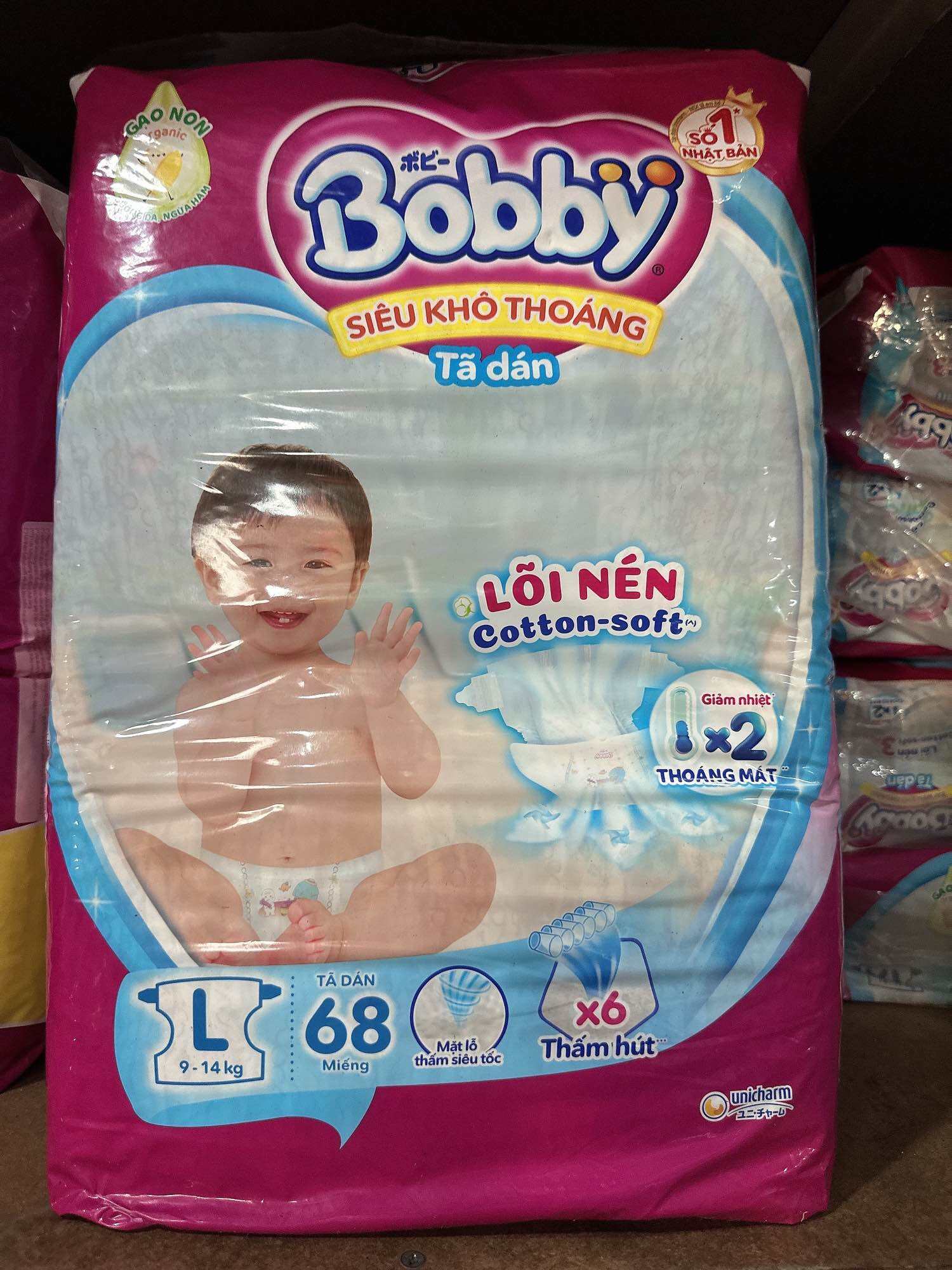 TÃ DÁN BOBBY SIÊU THOÁNG SIZE L 68 MIẾNG (9-13kg)