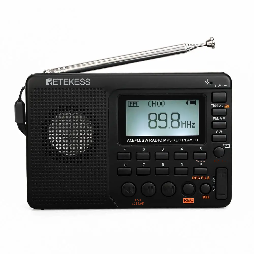 Retekess V115 đài phát thanh FM AM SW radio di động AM FM có thể sạc lại sóng ngắn đài phát thanh pin đầy đủ sóng USB ghi Loa