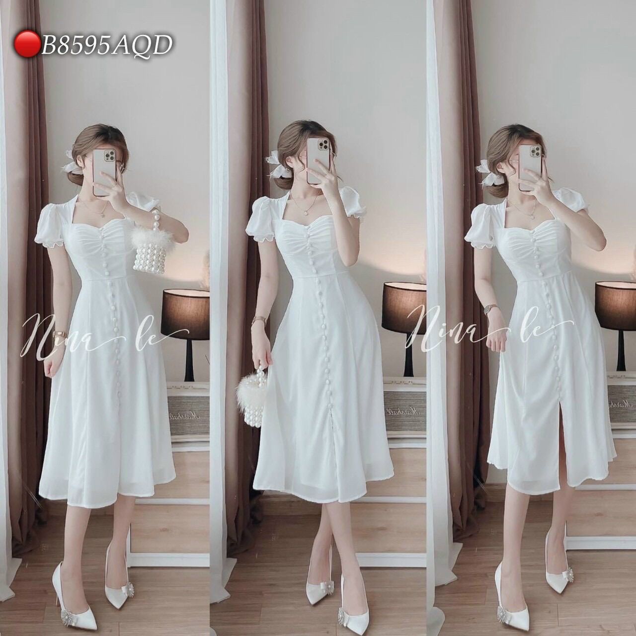 Đầm dáng dài trắng phối nút xinh đẹp BG