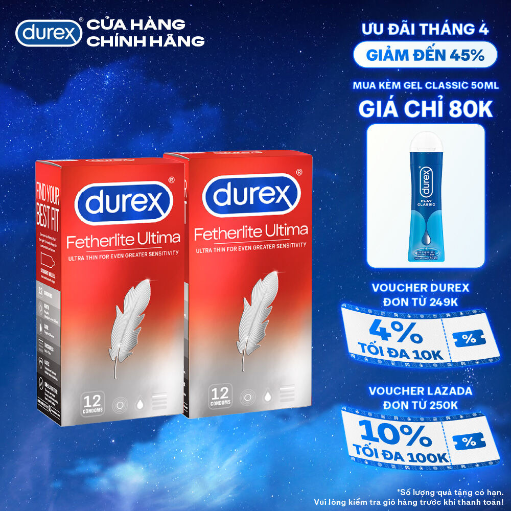 Bộ 2 bao cao su Durex Fetherlite Ultima siêu mỏng, size 52mm, 12 bao/hộp