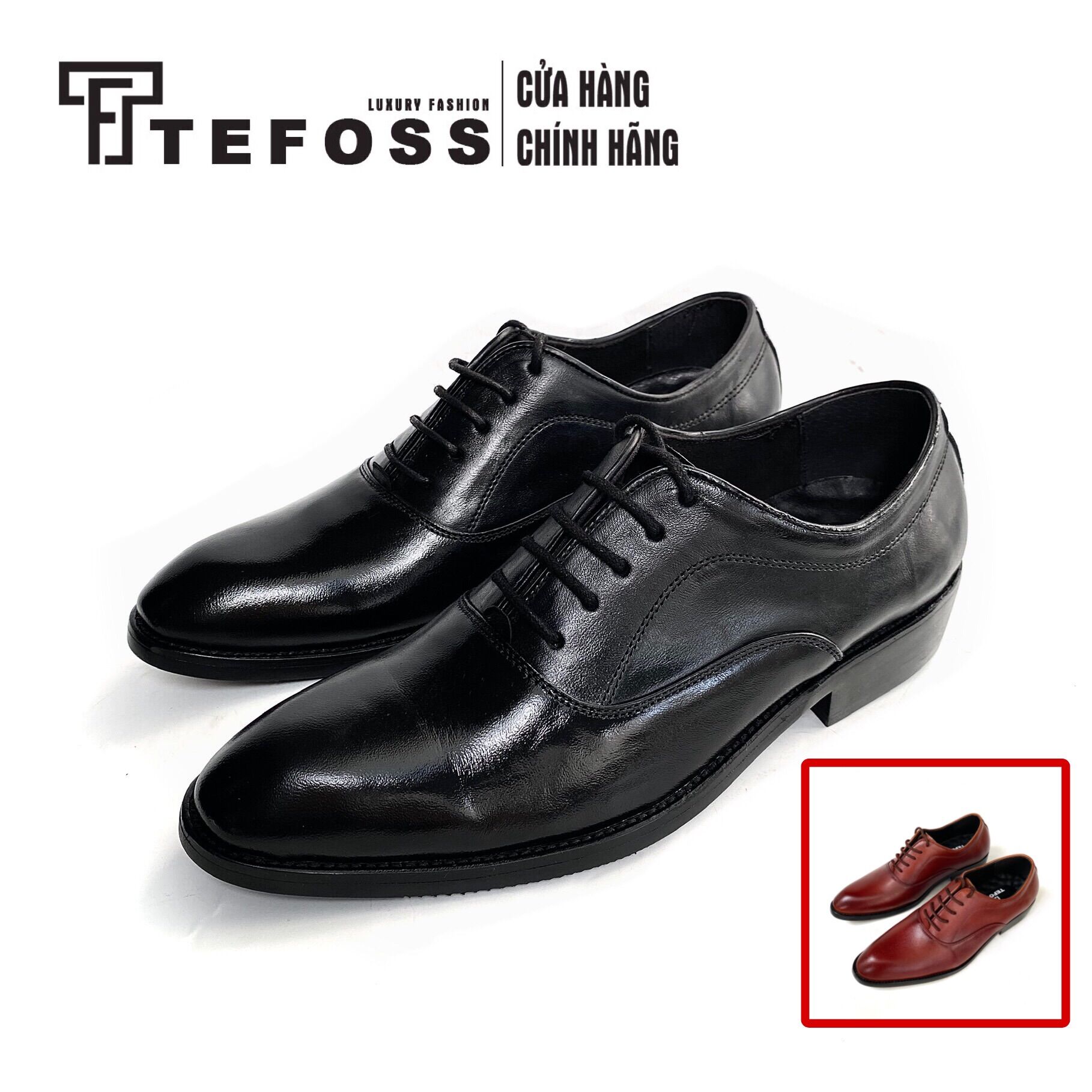 Giày Nam Tăng Chiều Cao Oxford Da Bò Thật TEFOSS HT002 Nâu Và Đen Cao Cấp size 38-44, đế khâu cao 3,5cm