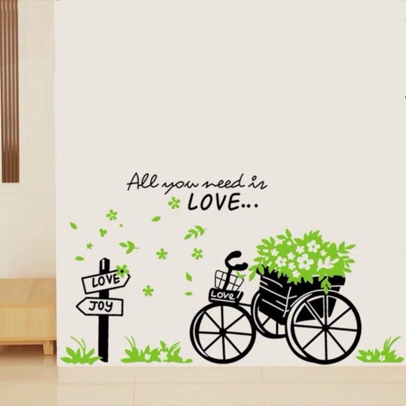 Tranh dán tường, Decal dán tường cây xanh tán rộng và xe đạp
