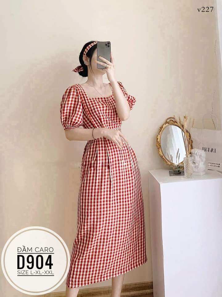 Bigsize Đầm Caro Cổ Vuông