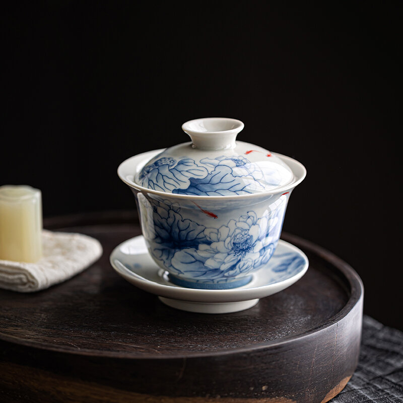 Chén có nắp kiểu trung quốc gốm sứ, chén pha trà tam tài cổ điển, chén trà bộ trà gốm sứ, chén mời trà phong cách trung quốc