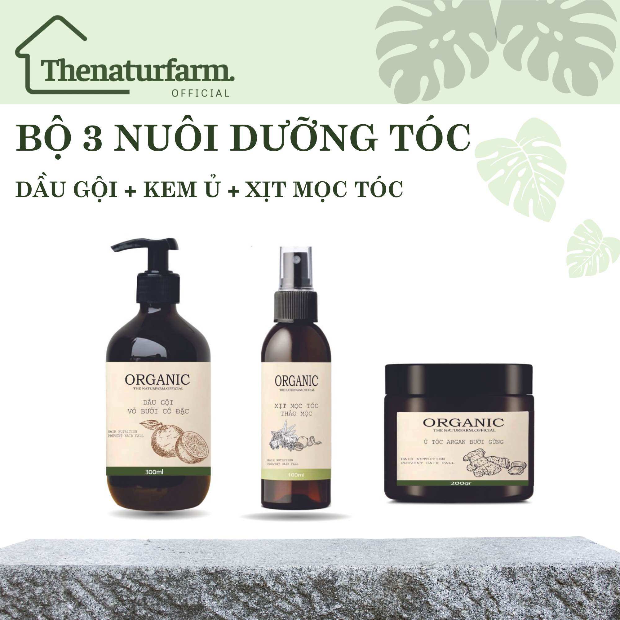 [HCM]Bộ 3 sản phẩm dưỡng tóc thiên nhiên : Dầu gội bồ kết vỏ bưởi 300ML Kem ủ tóc bưởi gừng 200gr Xịt kích mọc tóc thảo mộc 100ML