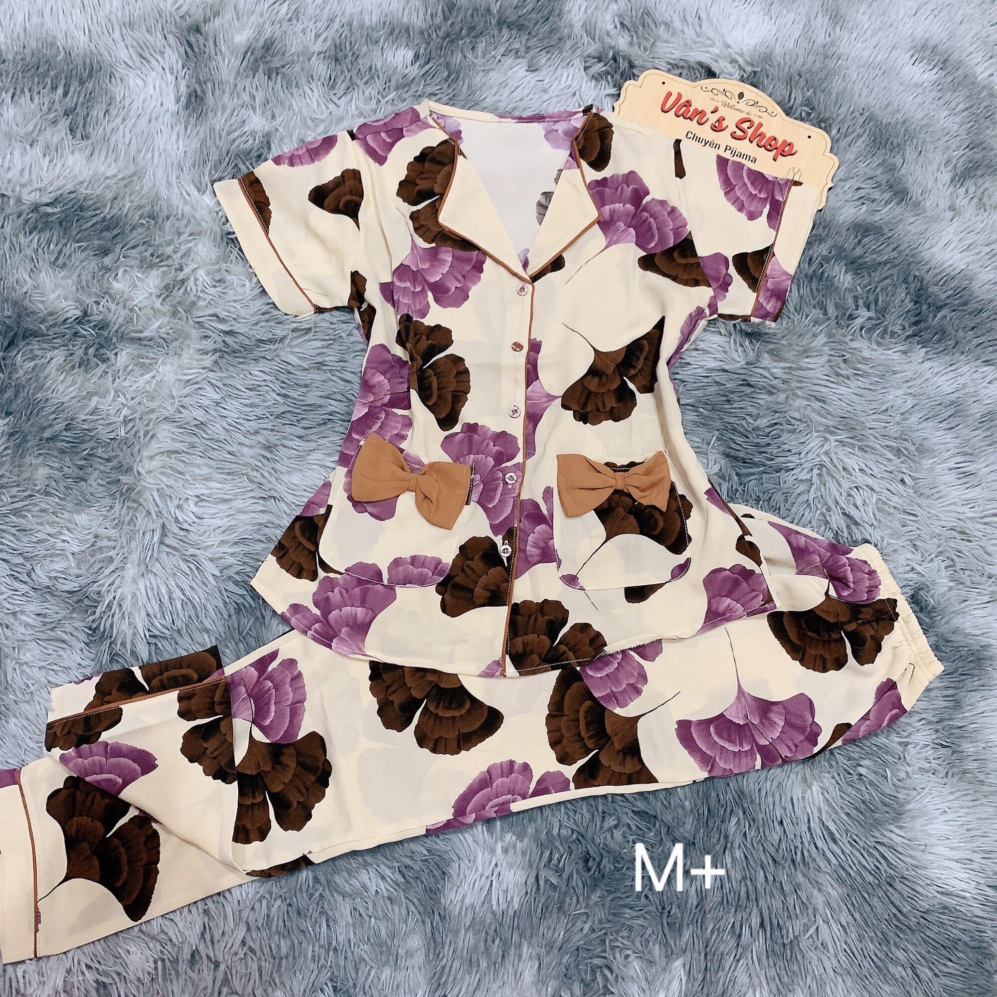 Bộ pijama tay ngắn quần dài lụa mango, cổ sen/sen bèo, Freesize
