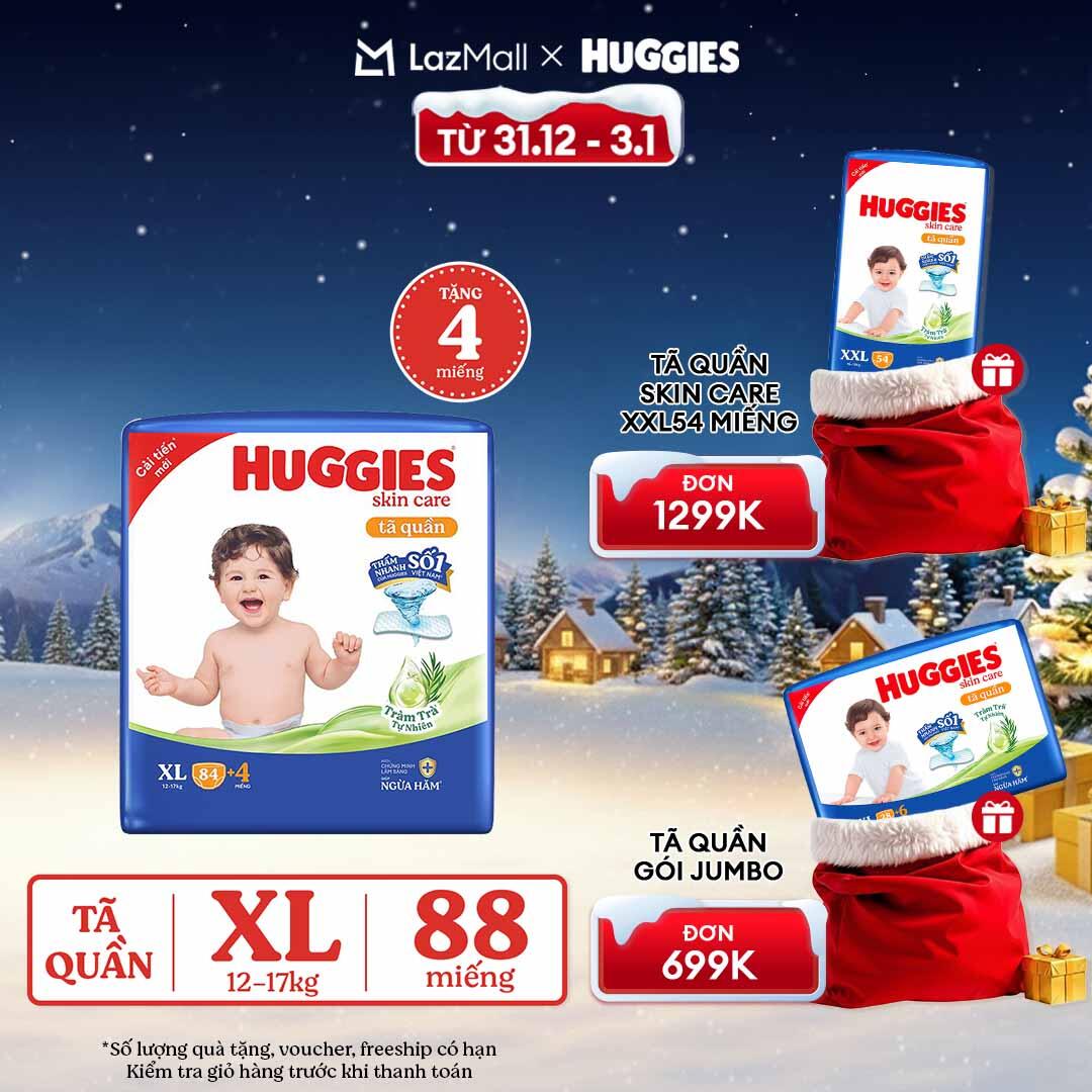   CHỈ 20h 31.12-03.01 GIẢM THÊM 90K   Gói Tã bỉm quần HUGGIES SKINCARE MEGA JUMBO size XL84+4 miếng 