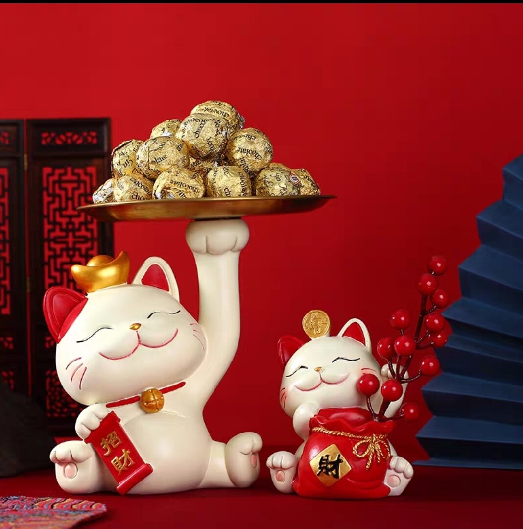Chú mèo thần tài đỡ đồ khay tròn - mèo may mắn