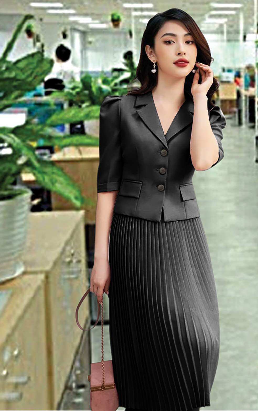 SET ÁO CỔ VEST CHÂN VÁY DẬP LY ÁO CỔ SEN TAY CON