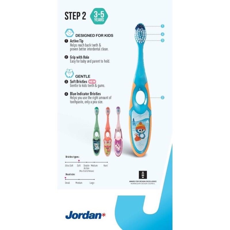 Bàn chải đánh răng trẻ em Jordan Step 2 (3-5 tuổi) lông siêu mềm