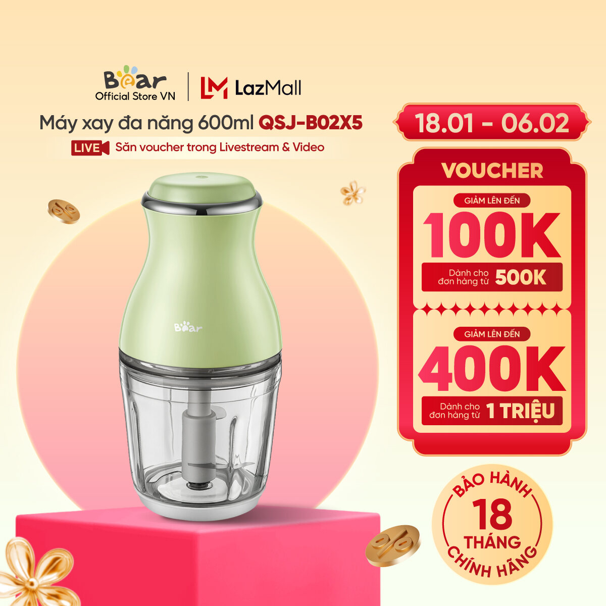 Máy Xay Thực Phẩm Đa Năng, Đồ Ăn Dặm Cho Bé Bear 600ml QSJ-B02U2/QSJ-B02X5 - Chính Hãng - Bảo hành 18 tháng