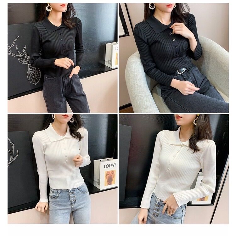 Áo len dài tay cổ bẻ cài cúc ngực classic