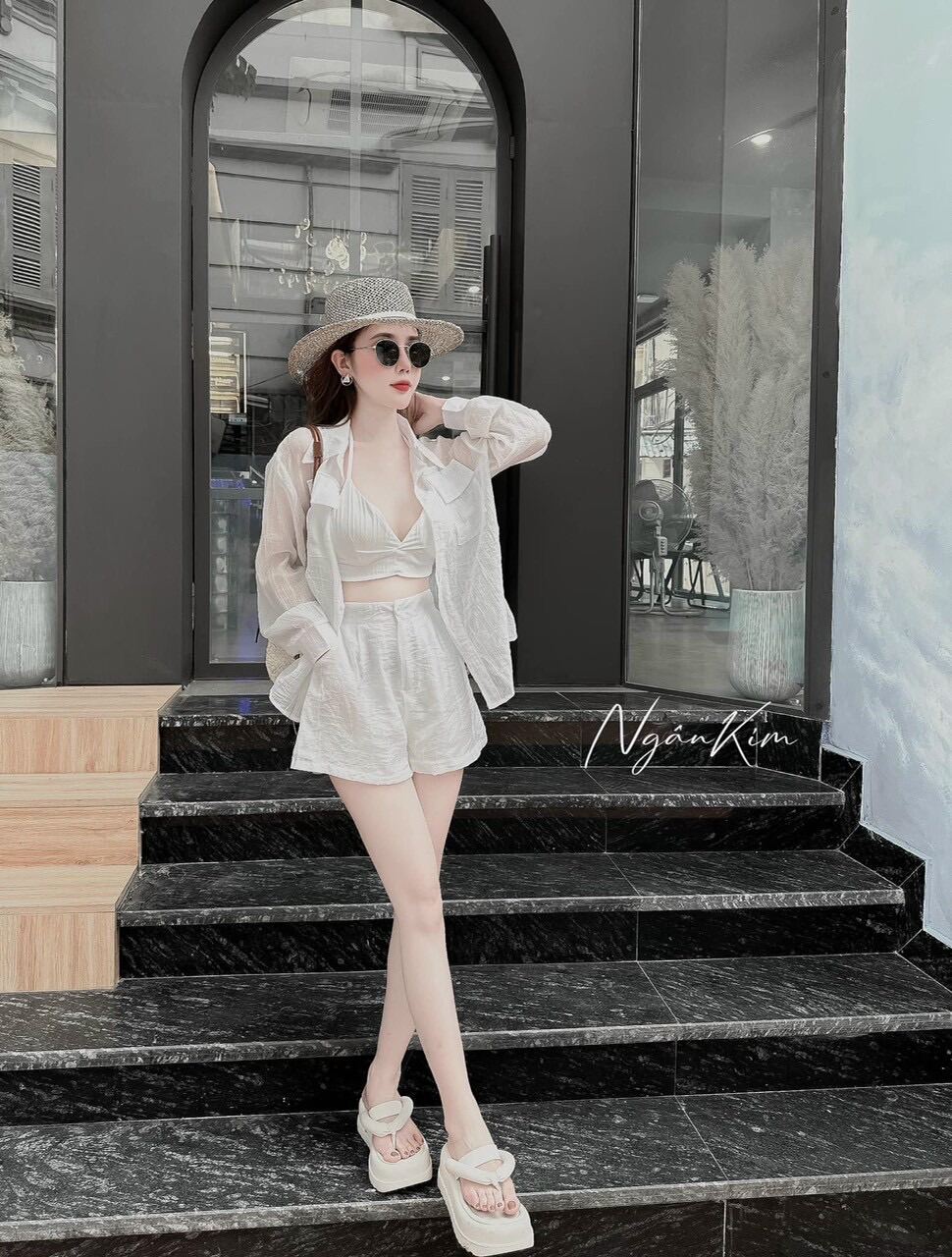 Sét bộ 3 món thời trang nữ mặc đi biển hót chất vải XÔ XƯỚC cao cấp kèm áo khoác sơmi tay dài chất voan tơ