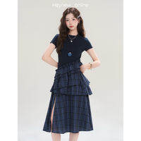 loveheynew | Đầm Maxi Dây Kéo Họa Tiết Caro Xanh Thời Trang Dáng Eo Irregular Hem