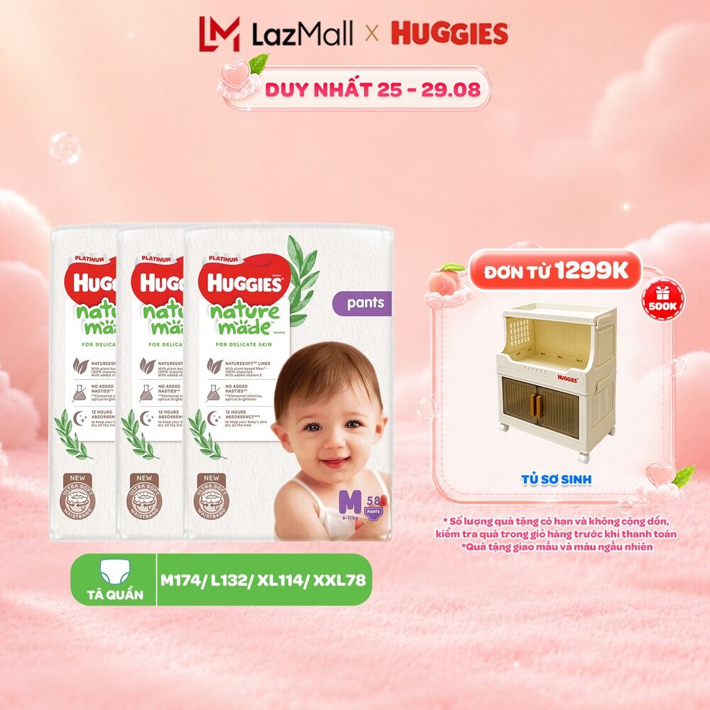 Combo 3 Tã/Bỉm quần Huggies NatureMade Platinum M58/L44/XL38/XXL26/XXXL28