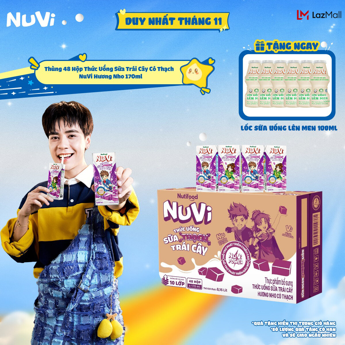 Thùng 48 Hộp Thức Uống Sữa Trái Cây Có Thạch NuVi Hương Nho 170ml