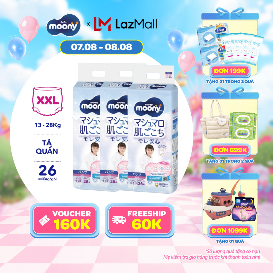 [20g 7-10.8 QUÀ TẶNG SLCH] Combo 3 tã quần cao cấp Moony Bé Gái XXL26 miếng - Nhập khẩu từ Nhật Bản