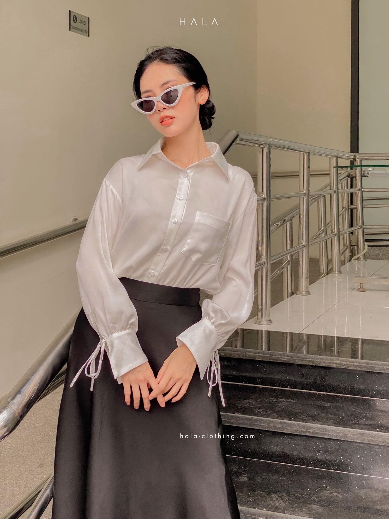 HALA Silky Top - Áo lụa sơ mi tay nơ