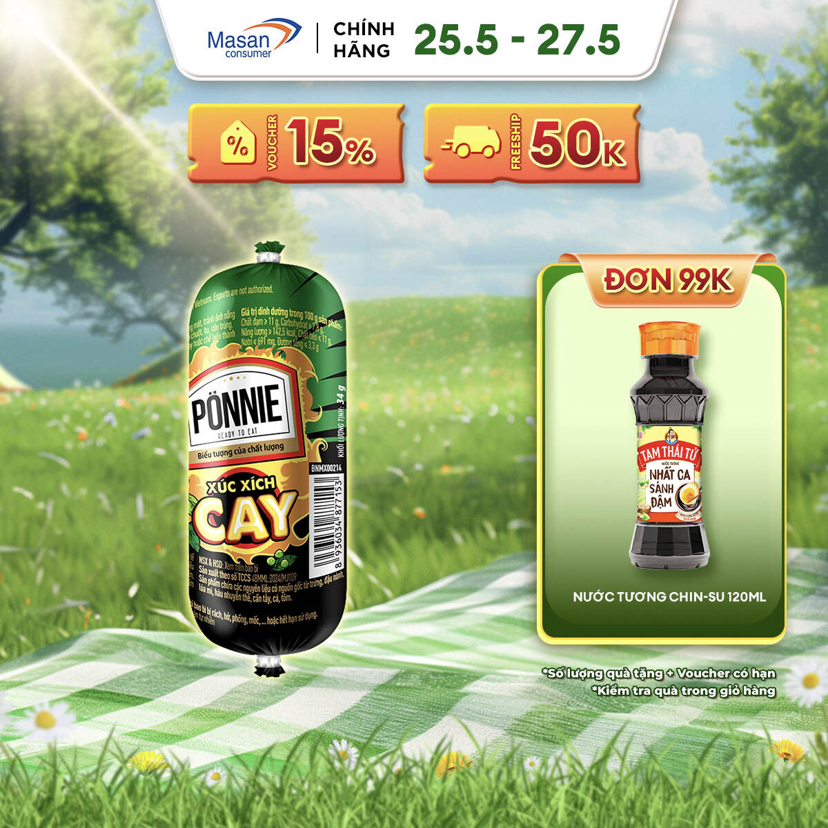 [25-27.5 Voucher 18% CHO ĐƠN TỪ 199k]Xúc Xích Tiệt Trùng Ponnie Cay Vị Hoa Tiêu X 34Gr