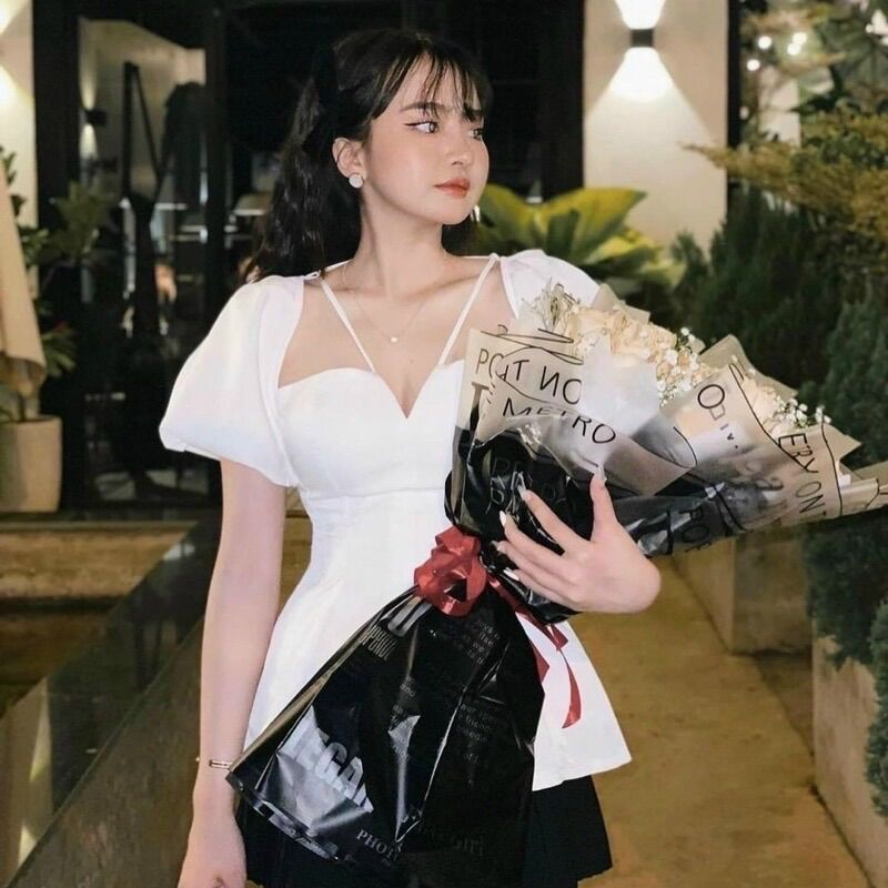 Áo kiểu đan dây cổ tay phồng