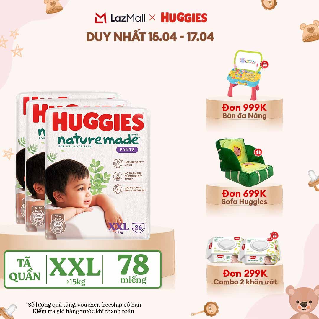 [CHỈ 18-24.04 QUÀ TẶNG ĐƠN 399K](Mua 1 tặng 1)  Combo 3 Tã/Bỉm quần HUGGIES PLATINUM NatureMade XXL26 (Trên 15kg)-Gói Jumbo 26 miếng